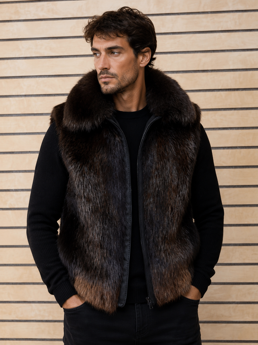 Man wearing a fur vest against a wooden panel background