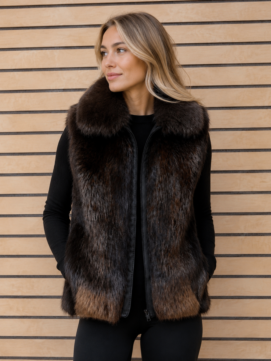 Woman wearing a fur vest against a wooden slat background