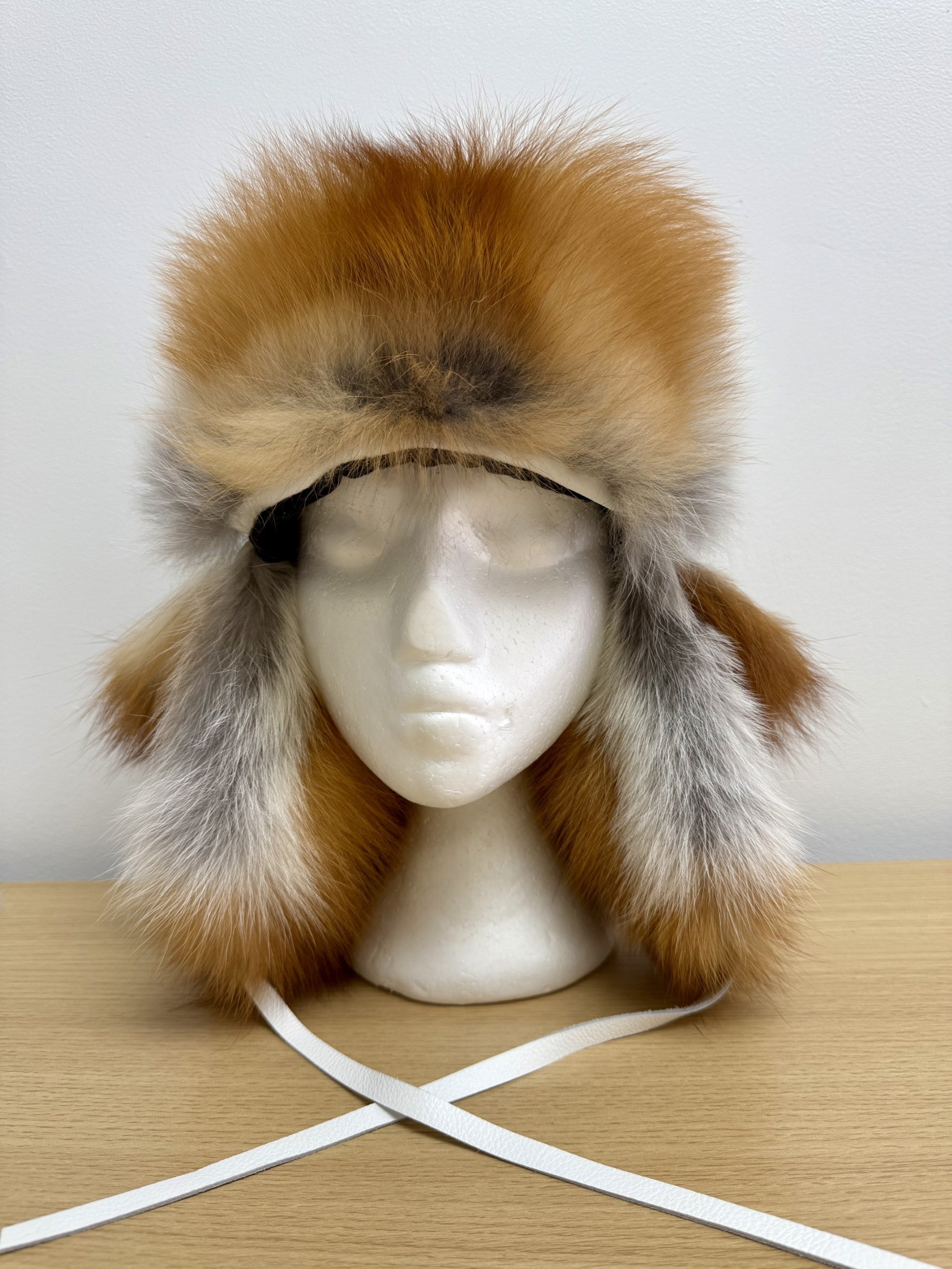 Red Fox & White Leather Trapper Hat
